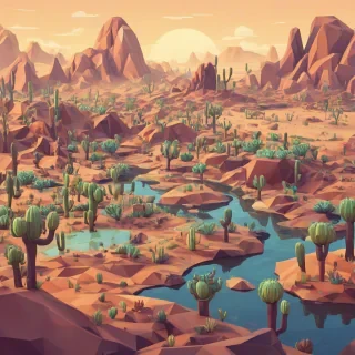 cartoon low-poly art style, of a desert land