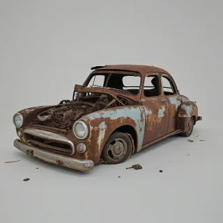 rusted and worn car made from scraps from a junk yard, on a plain white background, even lighting