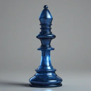 A highly detailed, full-body view of a chess pawn, with a medieval-style castle tower body, glowing blue accents, and a simple base, standing on a plain white background, in a wide shot, with its base visible, in a digital art style with dynamic shadows and a hard rim light