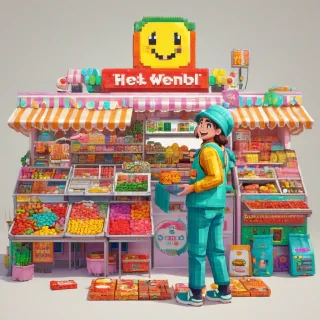 A teal-colored, pixel art street vendor, full-body view, standing in front of a colorful market stall, with a wide-angle shot, on a plain white background, wearing a bright outfit with a big smile, selling various goods and treats, with a lively and vibrant atmosphere, digital art style, 8-bit pixelation, high contrast colors, on a plain white background, even lighting