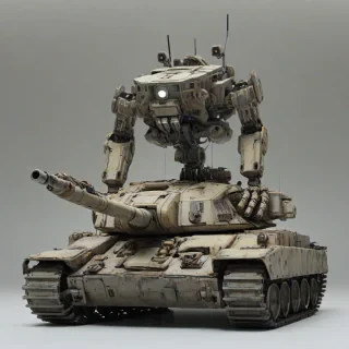 A post-apocalyptic tank with the upper body of a mech on top of the tank, with bright lighting, wide-angle shot, full body visible, on a plain white background, even lighting