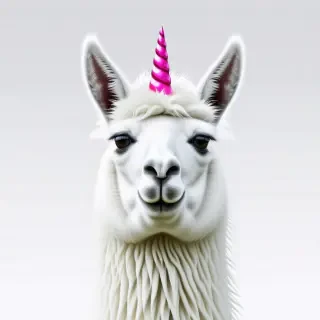 A llama with a pink unicorn horn