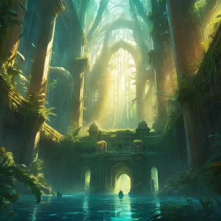 Marc Simonetti style, huge glass jungle temple, shiny walls refracting sunlight, large ethereal creature rising out of water, neon accents, metallic vines