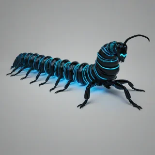 A neon blue and black centipede, full-body view, on a plain white background, with vibrant neon blue accents and a sleek black body, in a wide shot, with all 100 legs visible, in a digital art style