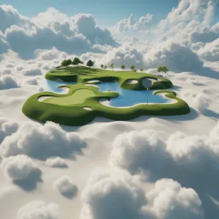 A serene and vibrant floating island golf course, with lush green grass and sand traps, surrounded by fluffy white clouds and a bright blue sky, in a wide shot with the entire island visible, on a plain white background, in the style of a digital illustration, with dynamic shadows and a soft, warm backlight, on a plain white background, even lighting 