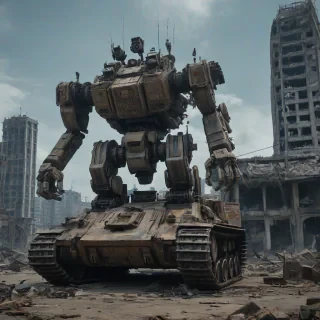A post-apocalyptic tank with an additional set of mechanical limbs and a more prominent mech torso on top, with bright lighting, wide-angle shot, from the waist up, on a ruined cityscape background with a sunken skyscraper in the distance