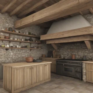 A medieval era kitchen with two walls made of stone, featuring a large chimney constructed from rocks above a wooden stove, wooden beams on the ceiling, and open shelves underneath wooden cabinets, in a wide shot with the entire room visible, in a 3d animation style