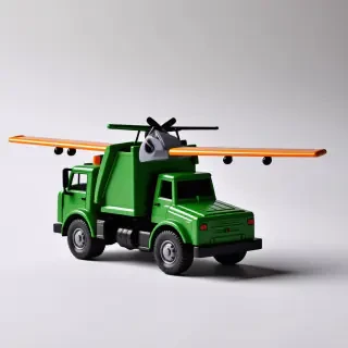 toy green trash truck with front lifting arms and airplane wings attached to the sides