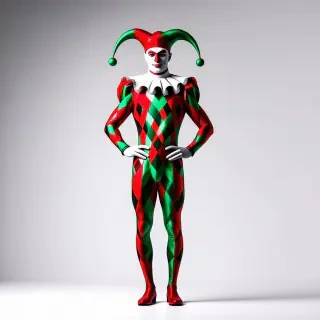 A court jester wearing a vibrant red and green diamond-patterned costume, with a court jester hat and a large, floppy collar, standing in a full-body view with feet visible, on a plain white background, in a digital illustration style with bold lines and bright colors, with a wide-angle shot and dynamic shadows