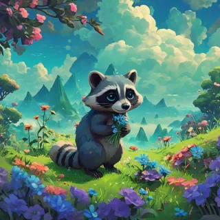 Low poly anime scene, vibrant blue and green, green clouds, cute blue raccoon holding flowers, Marc Simonetti style, slight 3D textures