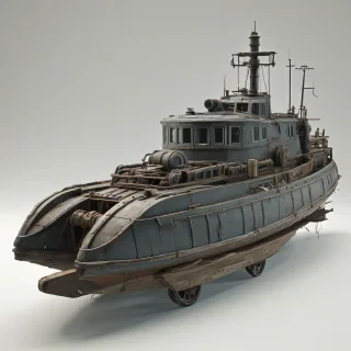 dieselpunk boat, on a plain white background, even lighting