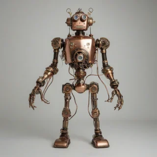Steampunk robot, full-body view, brass body, copper wires, goggles, wide shot, plain white background, on a plain white background, even lighting 