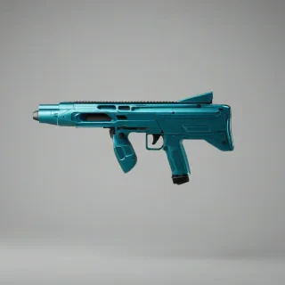 A futuristic gadget with a turquoise metallic finish, featuring sharp edges and a brutalist architectural design, with a wide shot and full-body view of the gadget on a plain white background, utilizing a cinematic bird's eye view perspective, with dynamic shadows and a hard rim light, on a plain white background, even lighting 