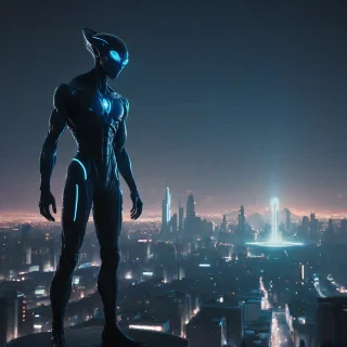 A blue, full-body, wide shot, alien with a futuristic, neon-lit cityscape in the background, in a film noir style, with a dark and moody atmosphere, dynamic shadows, and a hard rim light, on a plain white background, on a plain white background, even lighting