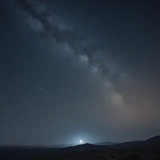 a realistic night sky with a vast array of twinkling stars, a full moon, and a subtle glow of the Milky Way, in a wide-angle shot with the horizon visible, with a dark blue and black color palette, and a sense of depth and dimensionality