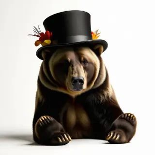 A grizzly bear sitting down, wearing an oversized top hat that tips down over one of its eyes