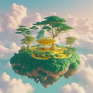 A vibrant, yellow, floating island, with a wide shot, full-body view, set against a plain white background, with a soft, dreamy, vaporwave aesthetic, featuring lush green trees, and a few puffy white clouds, with a warm, golden light, and a sense of depth, and dimensionality, with a mix of digital painting and 3D art styles, on a plain white background, even lighting