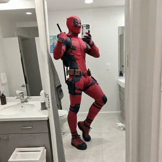 Deadpool taking a selfie in a bathroom mirror, full-body view, colorful, digital art style, plain white background