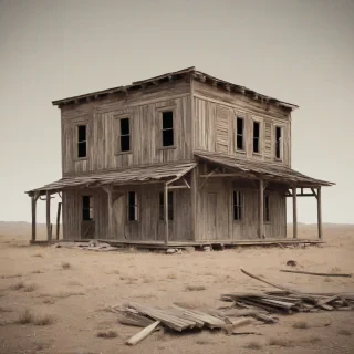 A standalone, dilapidated building from the Wild West era, with wooden boards falling off and a generally worn, weathered appearance, set against a plain white background, in a wide shot with the entire building visible, including the foundation and any surrounding debris, in a digital art style with muted colors