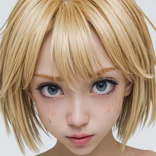 A wide-angle shot of a female anime head with blonde hair, showcasing all facial features in a straight-on view, with vibrant colors and detailed expressions, set against a plain white background, in the style of Japanese manga and anime illustrations, full-body view of the head, with the hair styled in a dynamic and edgy manner, and the facial features clearly visible, including the eyes, nose, mouth, and eyebrows, on a plain white background, even lighting