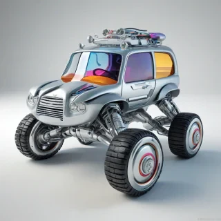 A silver cartoon rover with a futuristic design, full-body view, wide shot, on a plain white background, with bright vibrant colors and bold lines, dynamic shadows and a sense of movement, in the style of a digital illustration, on a plain white background, even lighting