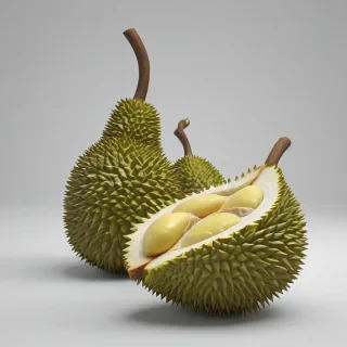 3d cartoon style durian fruit, cut open exposing the inner fruit, on a plain white background, even lighting
