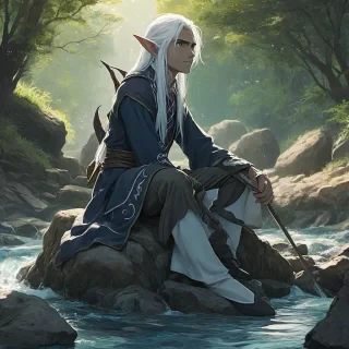 Silhouetted male anime elf, long ears, white hair, staff, sitting on rock in stream, soft lines, vibrant colors