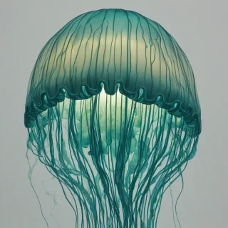 A teal, retro-futuristic, glowing jellyfish, on a plain white background, with even lighting