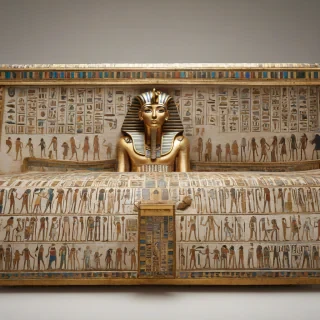 A highly detailed, full-body view of King Tut's sarcophagus, with intricate golden hieroglyphics and precious gems, on a plain white background, in the style of ancient Egyptian art, with a wide-angle shot and soft, natural lighting, on a plain white background, even lighting 
