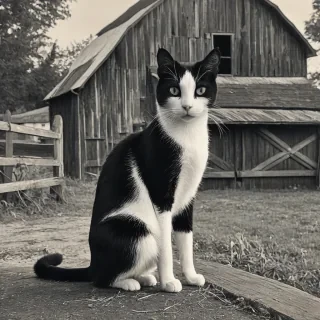 Fauvism style of a black and white cat in front of a barn
