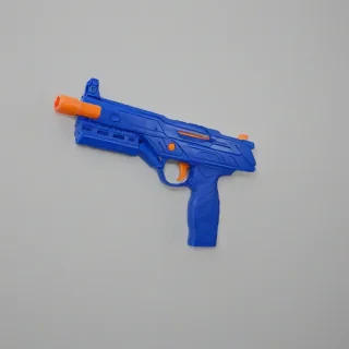blue plastic nerf gun, on a plain white background, even lighting