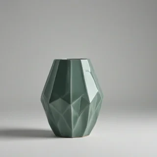 a multi faceted vase with a muted greenish grey color, on a plain white background, even lighting