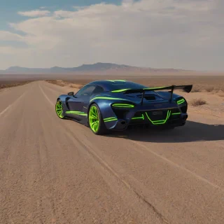 Sleek, metallic blue sports car with neon green stripes, gull-wing doors, aggressive rear spoiler, on desert road, wide shot, digital art style