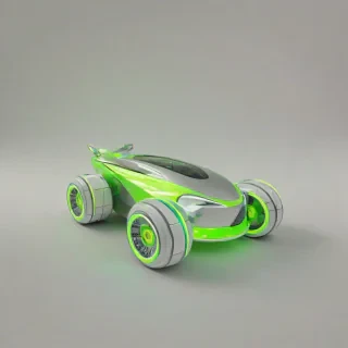 A futuristic rover with a lime green metallic body, set against a plain white background, in a wide shot with all wheels visible, incorporating Afrofuturism elements such as vibrant, neon-lit accents and sleek, aerodynamic lines, with a sense of dynamic movement and exploration, in a digital art style with bold brushstrokes and textured details