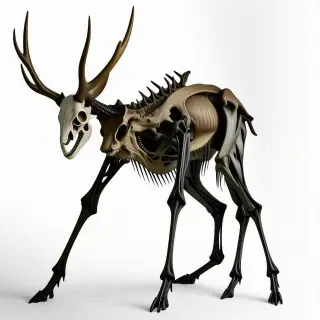A Wendigo with long limbs, sharp teeth, a deer skull face and antlers, and a thin, black body