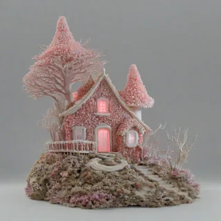 fairy house made out of pink coral, bright lighting, wide angle shot, house fully visible, on a plain white background, even lighting
