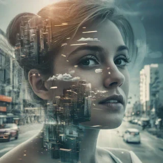 Double exposure photography effect on a woman and a city