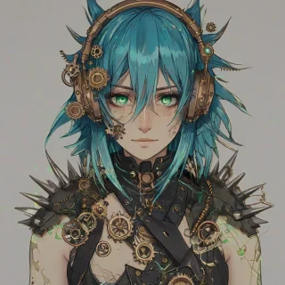 A headshot of an anime girl with wild, spiky blue hair and intricate steampunk headphones, adorned with brass gears and copper filigree, set against a plain white background. Her bright, piercing green eyes gleam with a mischievous smile as she sits amidst a dimly lit, eerie murder scene, with faint, blurred hints of bloodstains and shattered glass in the background, out of focus. The steampunk headphones are securely fastened around her head, with a few loose strands of blue hair escaping to frame her pale, heart-shaped face. The overall style is reminiscent of a blend between Victorian-era mysticism and industrial science fiction, with bold lines, vibrant colors, and a sense of mystery. The full-face view captures her enigmatic smile, with a wide-angle shot that includes her shoulders and the tops of the steampunk headphones, all set against a stark, white backdrop.