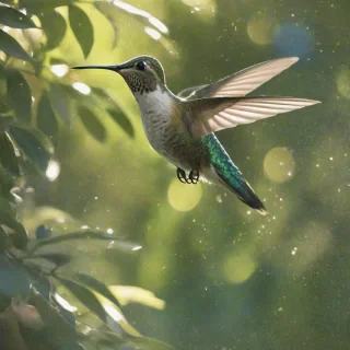 A full-body view of a hummingbird in flight, with iridescent feathers glistening in the sunlight, set against a leafy background, with a wide-angle shot and a soft, natural light, in the style of a digital illustration