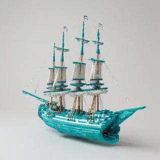 A full-body view of a cyan-colored ship in a wide shot, with a pixel art style, set against a plain white background, with bright and vibrant colors, and a sense of dynamic movement, as if it's sailing through the water, on a plain white background, even lighting