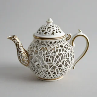 openwork teapot, on a plain white background, even lighting