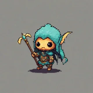 Chibi pixel art style, old sky creature holding a staff, on a plain white background, even lighting