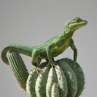 A full-body view of a colorful lizard with vibrant green scales, standing on a cactus, with a wide-angle shot, on a plain white background, in a digital art style with dynamic shadows and a hard rim light, on a plain white background, even lighting 