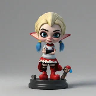 3d animation cartoon Harley Quinn gnome, on a plain white background, even lighting