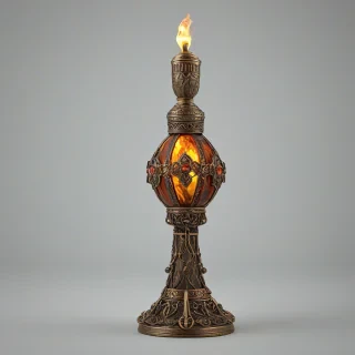 A highly detailed, magical glowing torch with intricate bronze details and a Byzantine colored glowing jewel at its center, set against a plain white background, in a wide shot with the lantern's base visible, illuminated by soft, warm lighting with dynamic shadows, in the style of a fantasy illustration with subtle texture and depth, full-body view of the torch, on a plain white background, on a plain white background, even lighting