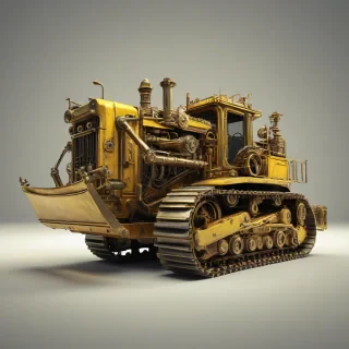 A steampunk-themed, full-body view of a bulldozer, with brass accents and copper pipes, set against a plain white background, with a bright mustard-yellow color scheme, in a wide shot, with dynamic shadows and a hard rim light, in the style of a digital illustration, on a plain white background, even lighting