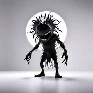 a black crazy looking creature with a white halo behind it
