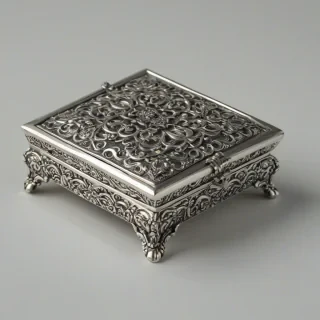 silver plated trinket box, on a plain white background, even lighting