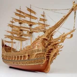 A majestic, ornate, Baroque-style ship with a salmon-colored hull, adorned with intricate golden carvings and regal sails, set against a plain white background, in a wide shot with the ship's entire body visible, including the bow and stern, with soft, warm lighting and a sense of grandeur, on a plain white background, even lighting 
