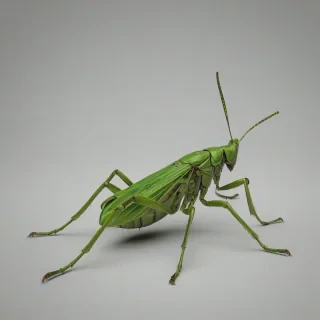 A large, green, full-body view locust bug with wings and antennae, on a plain white background, in a wide shot, with a soft, natural light and subtle shadows, in a realistic, detailed, high-definition, digital art style, on a plain white background, even lighting 